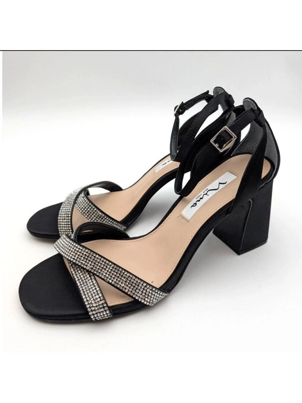 Nina Quinley Rhinestone Metallic Ankle Strap Sandal Black Women's Size 9